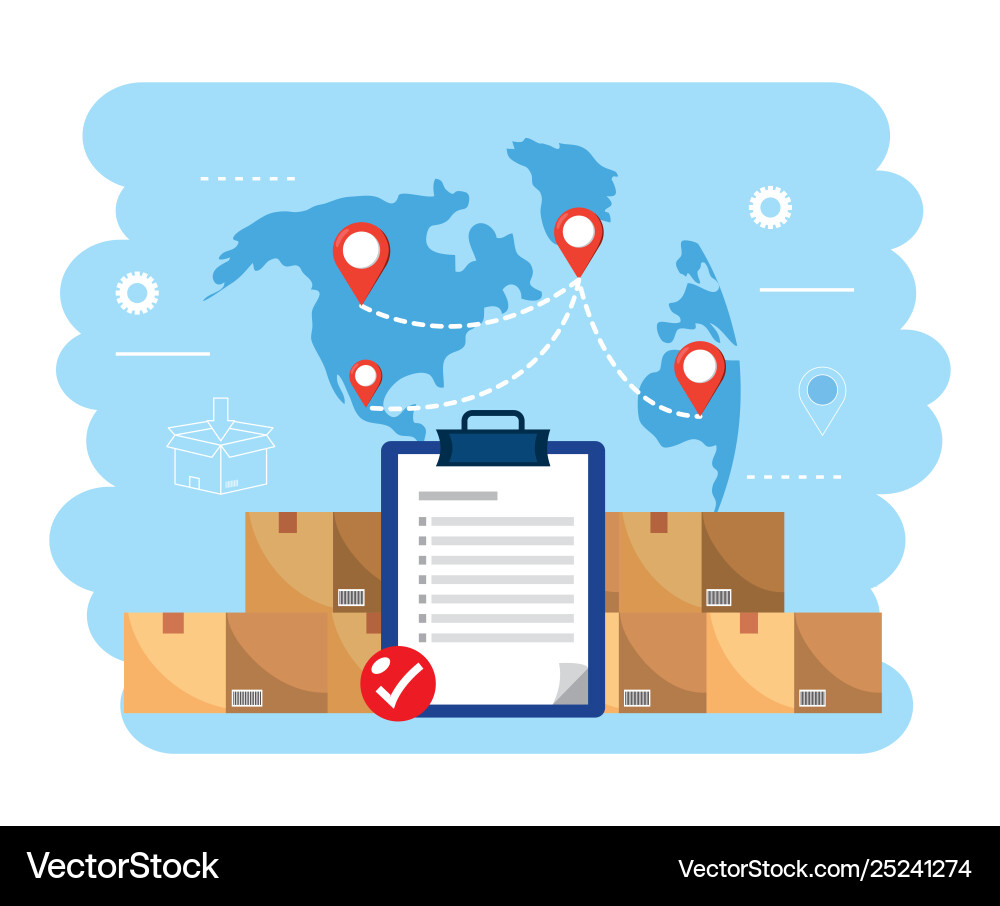 Boxes packages with check list and global map vector image