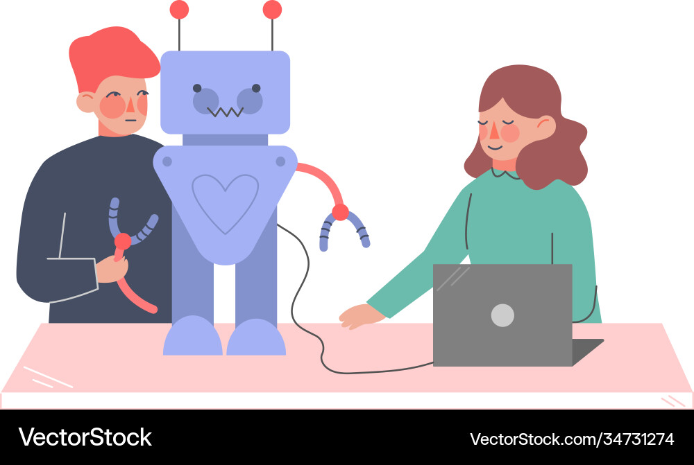 Children assembling and programming robots young Children assembling and programming robots young vector image