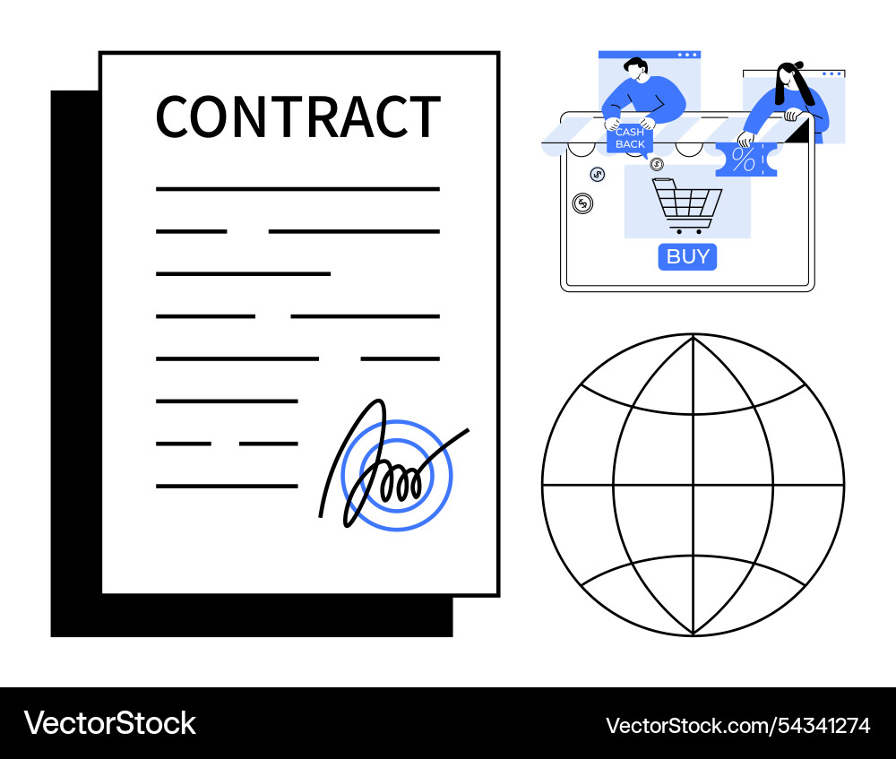 Digital contract with signature and global e Vector Image