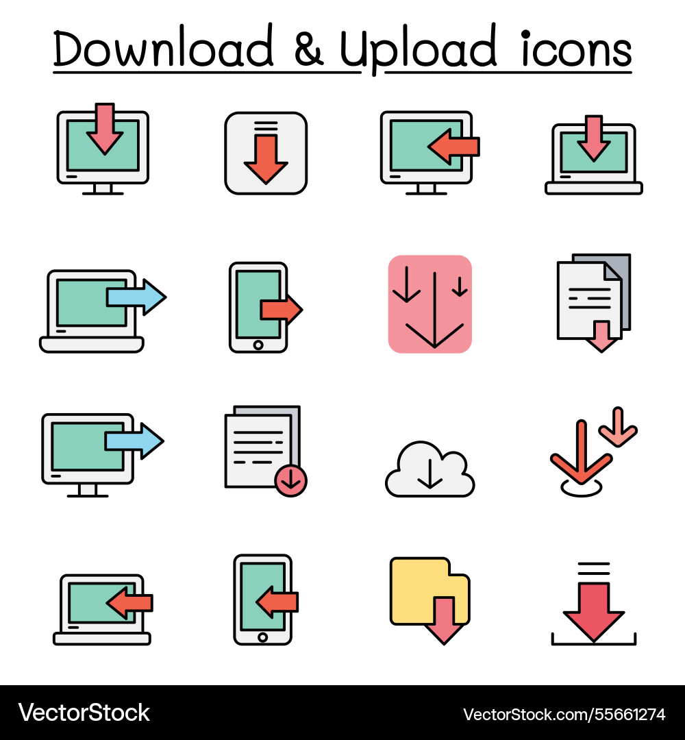 Download and upload icon set in color line style Download and upload icon set in color line style Vector Image