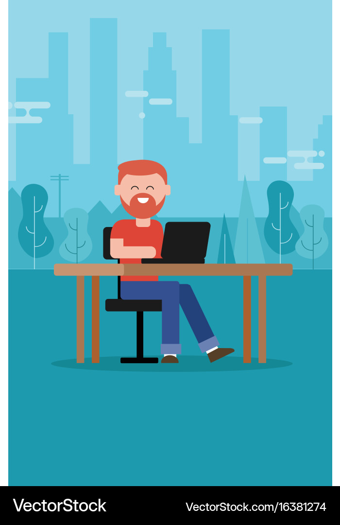 Freelance outdoor man with beard t-shirt sitting vector image