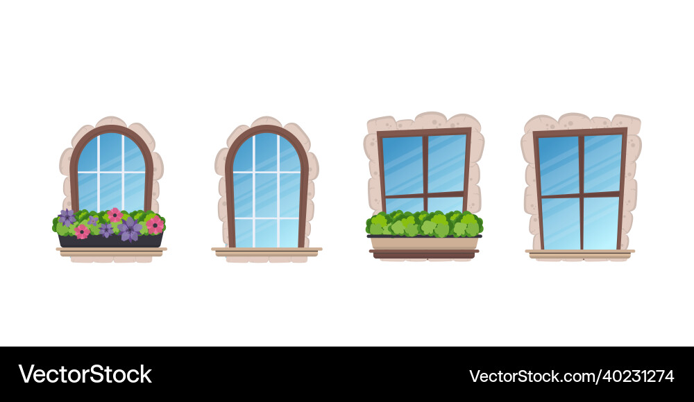 Set of windows in cartoon style stone cladding Vector Image