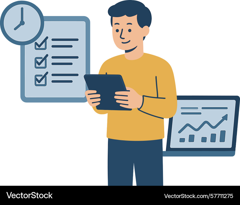 Man checks schedule on tablet deadline reminder Vector Image