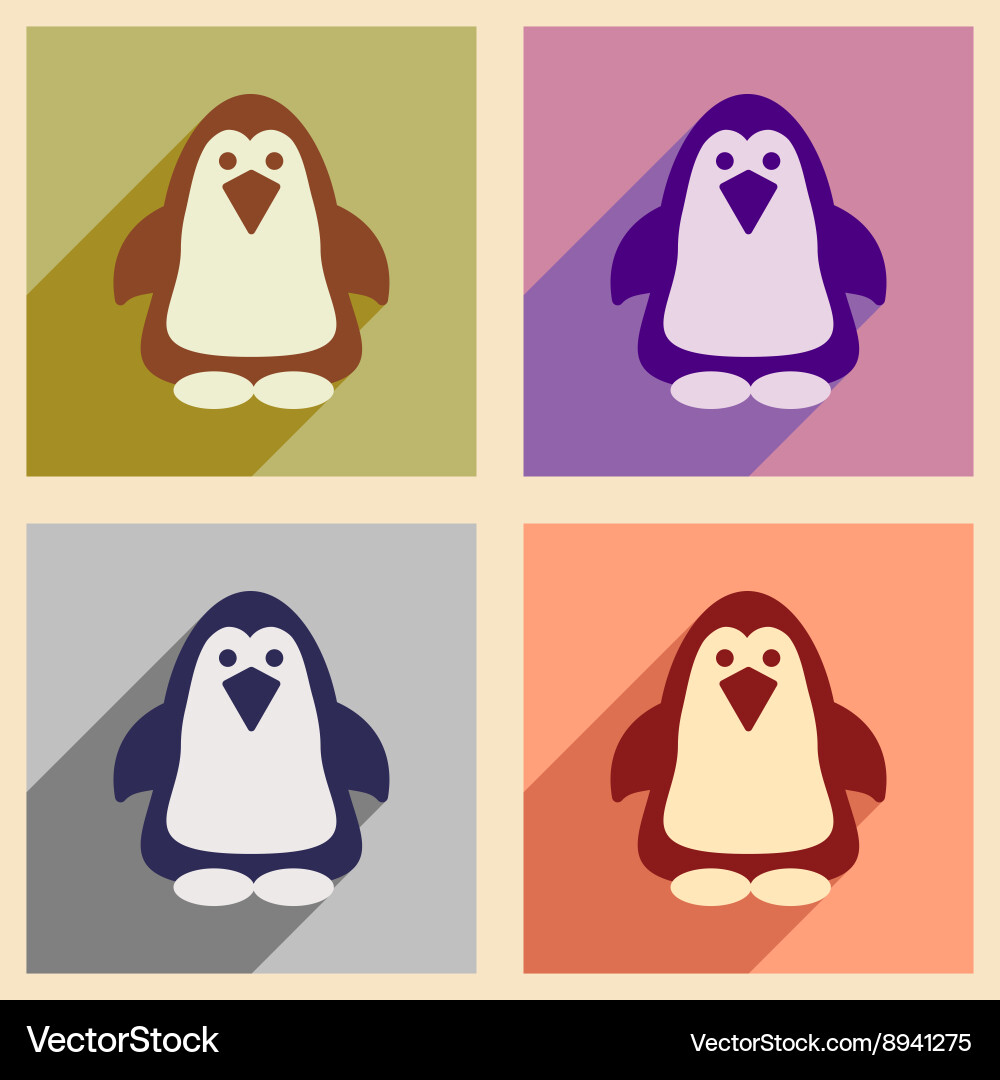 Set of flat web icons with long shadow penguin vector image