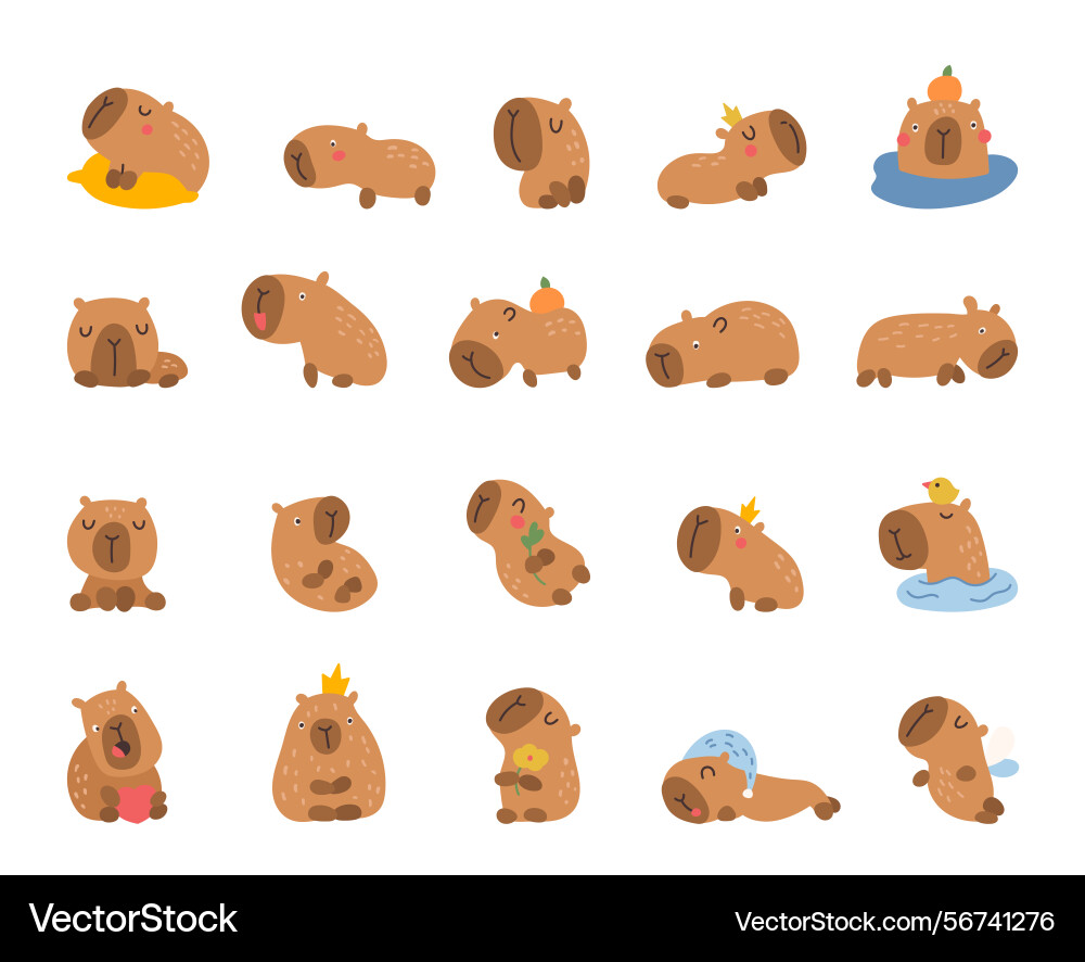 Capybara character scandinavian set with various Capybara character scandinavian set with various vector image