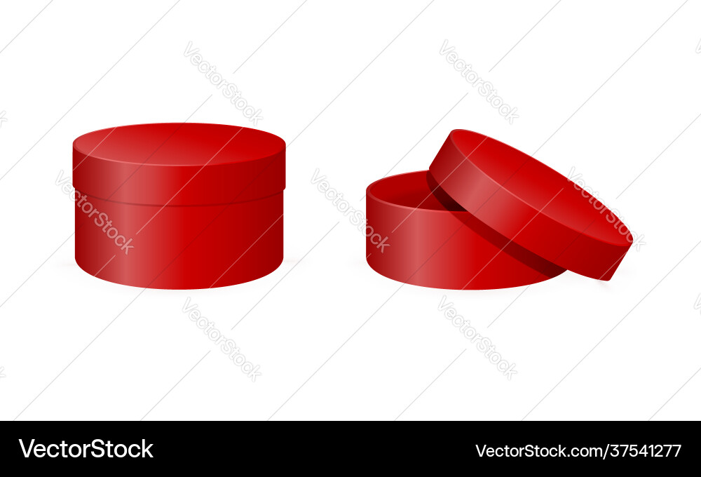 Red round cardboard boxes mockup closed and open Red round cardboard boxes mockup closed and open vector image