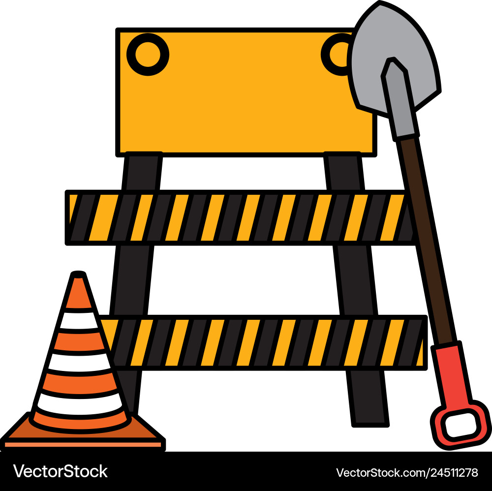 Construction barricade with cone and shovel Construction barricade with cone and shovel vector image