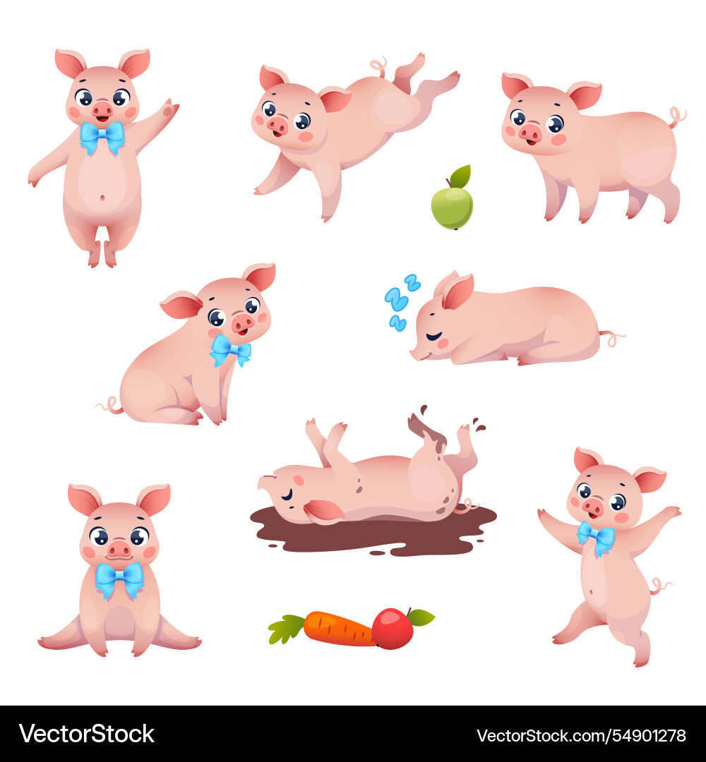 Cute little pink pigs cartoon farm animals Cute little pink pigs cartoon farm animals Vector Image