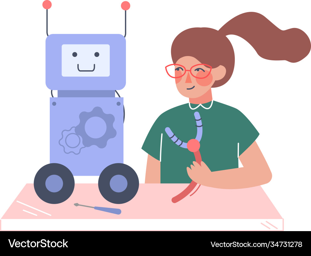 Girl assembling and programming robot young Girl assembling and programming robot young vector image