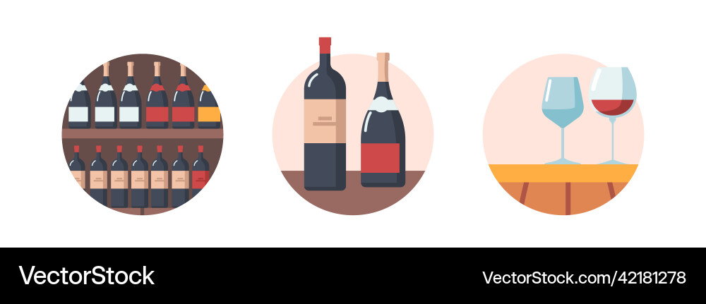 Wine bottles and wineglasses on table shelf Wine bottles and wineglasses on table shelf vector image