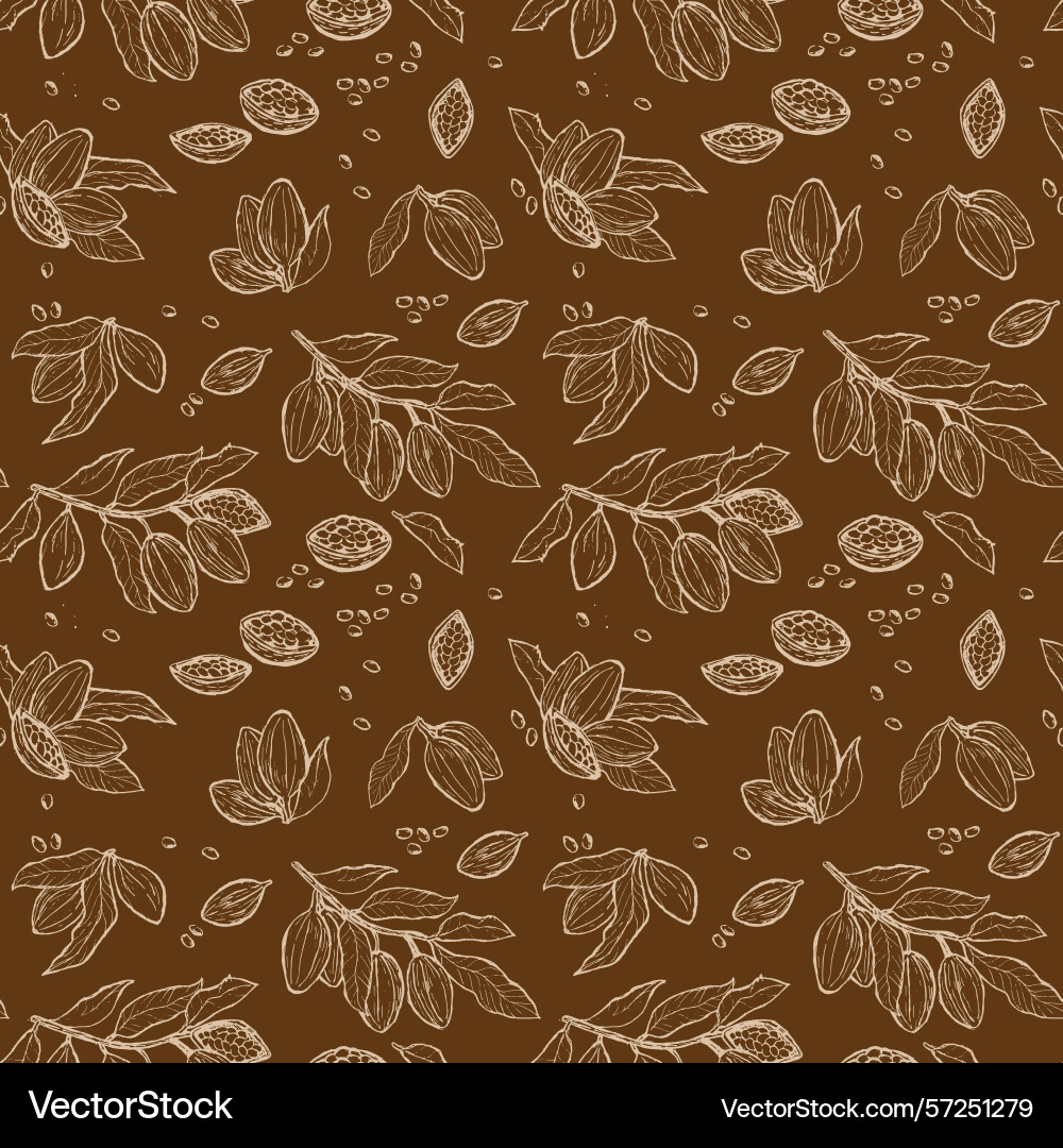 Cocoa beans and leaves seamless pattern design Cocoa beans and leaves seamless pattern design vector image