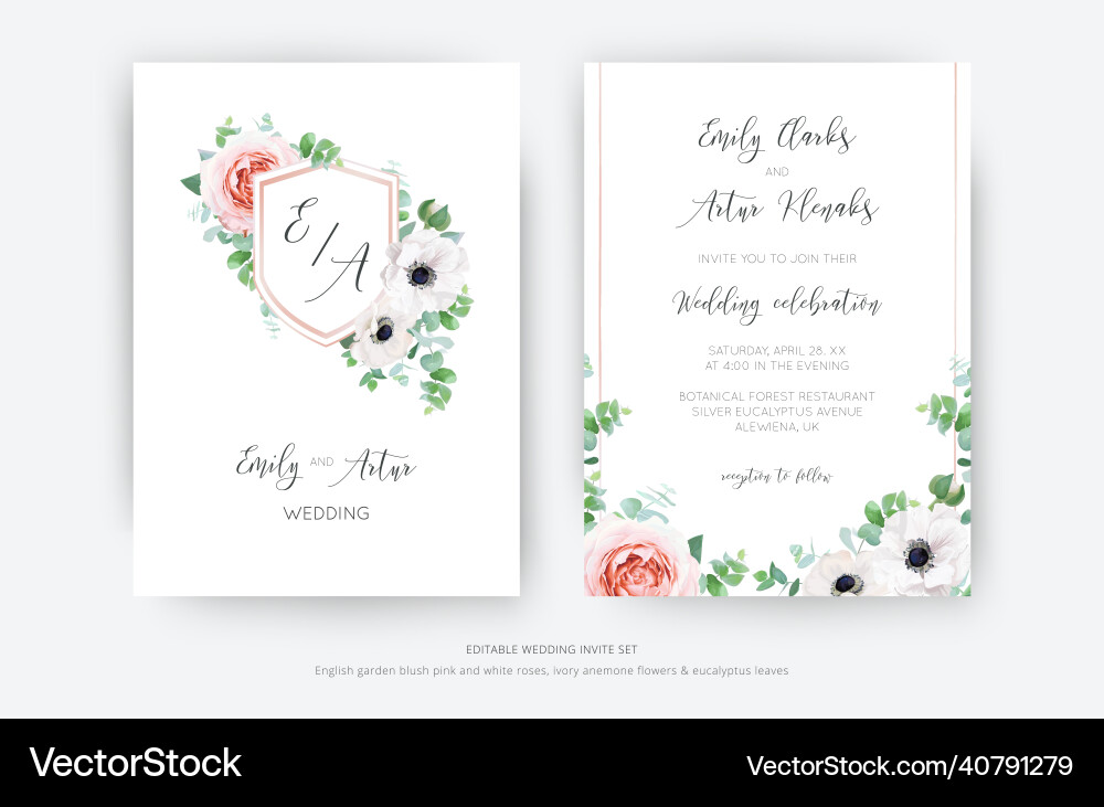 Editable elegant floral wedding invite card set Editable elegant floral wedding invite card set vector image