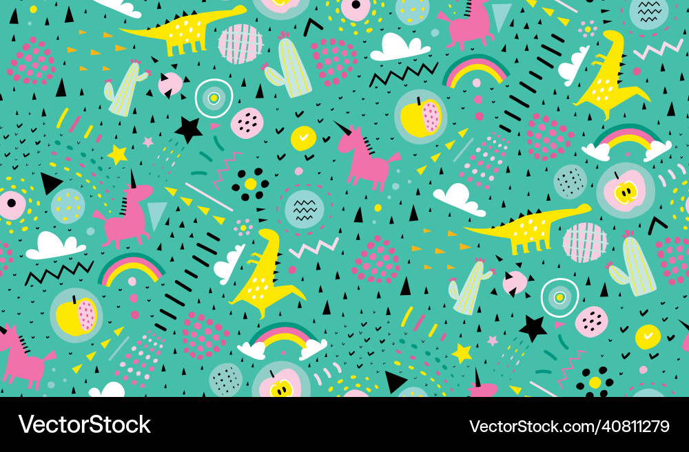 Seamless pattern with dinosaur unicorn and rainbow Seamless pattern with dinosaur unicorn and rainbow vector image
