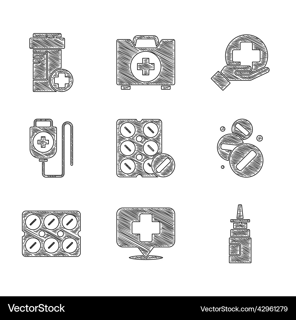 Set pills in blister pack map pointer with cross Set pills in blister pack map pointer with cross vector image