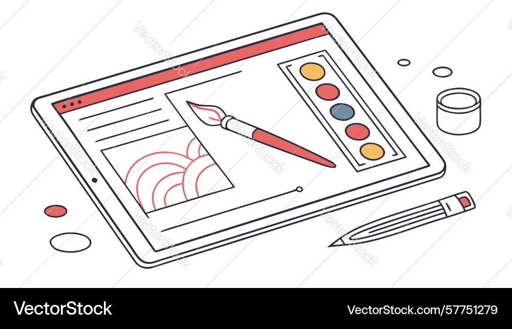 Tablet with graphic design interface and color vector image