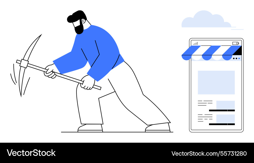 Man mining with pickaxe next to online store Man mining with pickaxe next to online store vector image