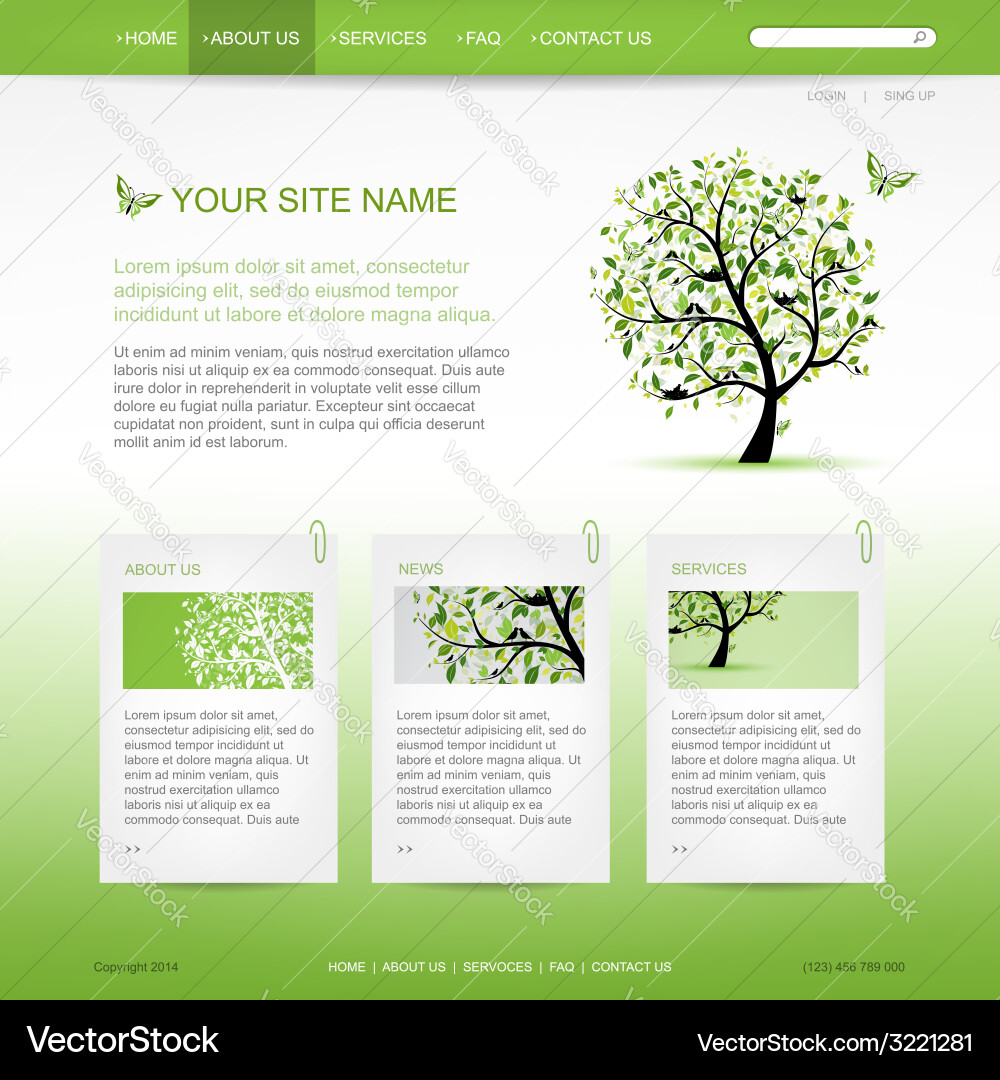 Designvorlage der Website mit grünem Baum vektorbild