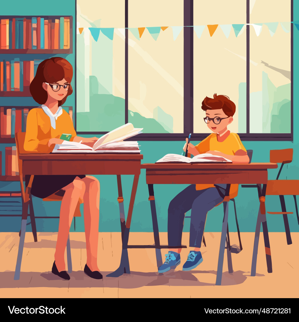 Female teacher and boy studying on white Female teacher and boy studying on white vector image