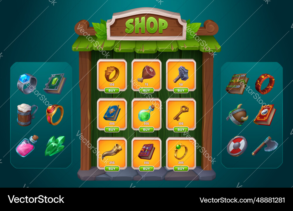 Medieval game shop design for user interface Medieval game shop design for user interface Vector Image