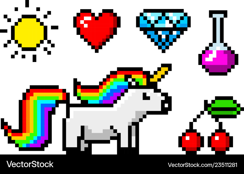 Pixel art 8 bit objects character unicorn Pixel art 8 bit objects character unicorn vector image