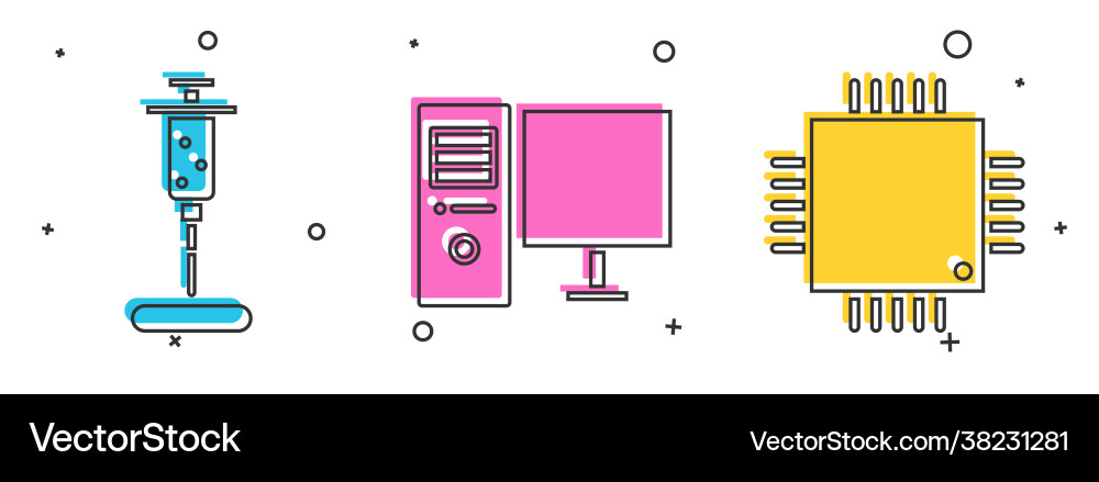 Set syringe computer monitor and processor Set syringe computer monitor and processor vector image
