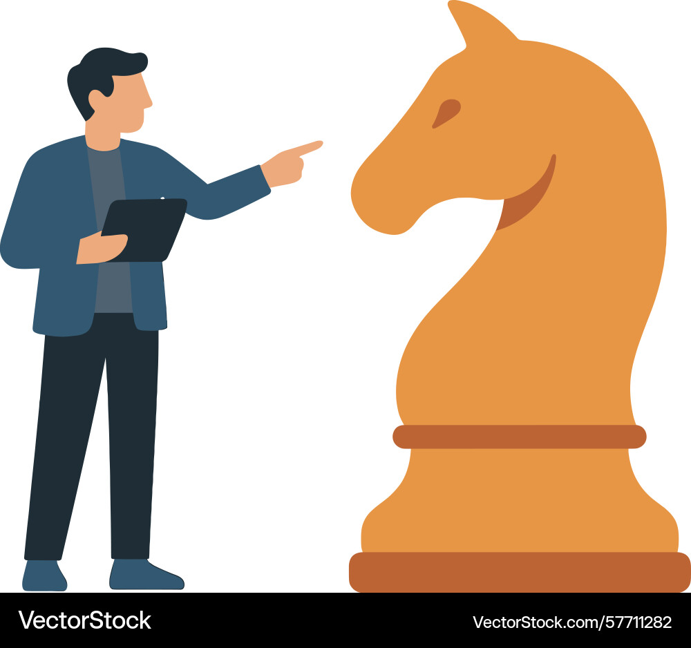 Man holding clipboard pointing to large chess Man holding clipboard pointing to large chess vector image
