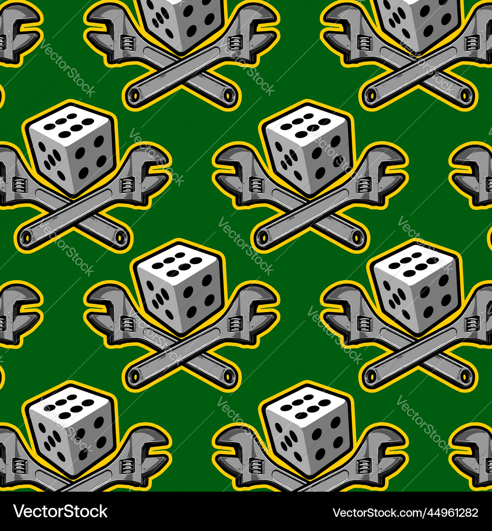 Red background dice and wrench pattern Red background dice and wrench pattern Vector Image