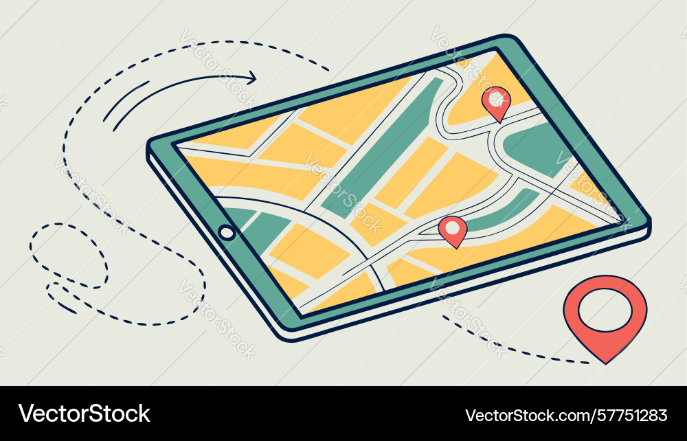 Hand interacting with a gps map on digital vector image