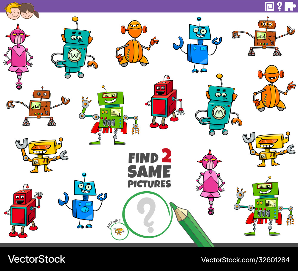 Find two same robot characters game for children Find two same robot characters game for children vector image