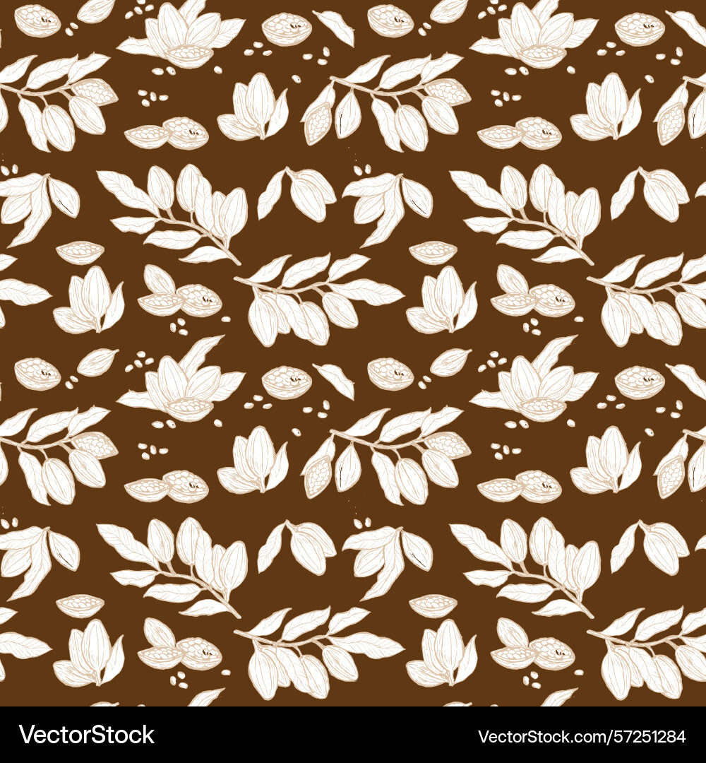 Hand drawn cocoa beans and leaves pattern Hand drawn cocoa beans and leaves pattern vector image