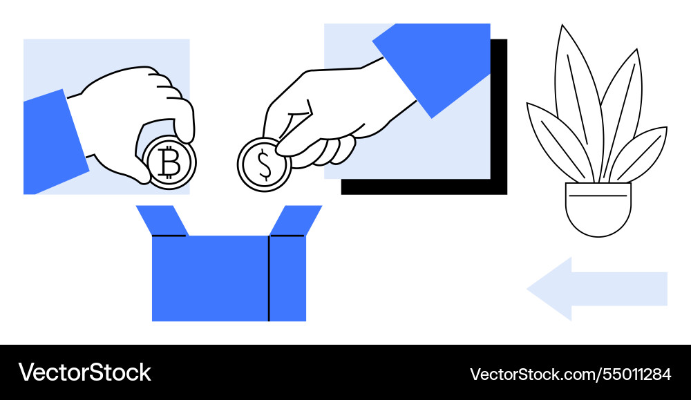 Hands dropping bitcoin and dollar symbols into box Hands dropping bitcoin and dollar symbols into box vector image