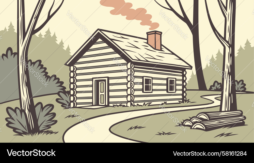 Rustic Log Cabin on Forest Path Vector Image