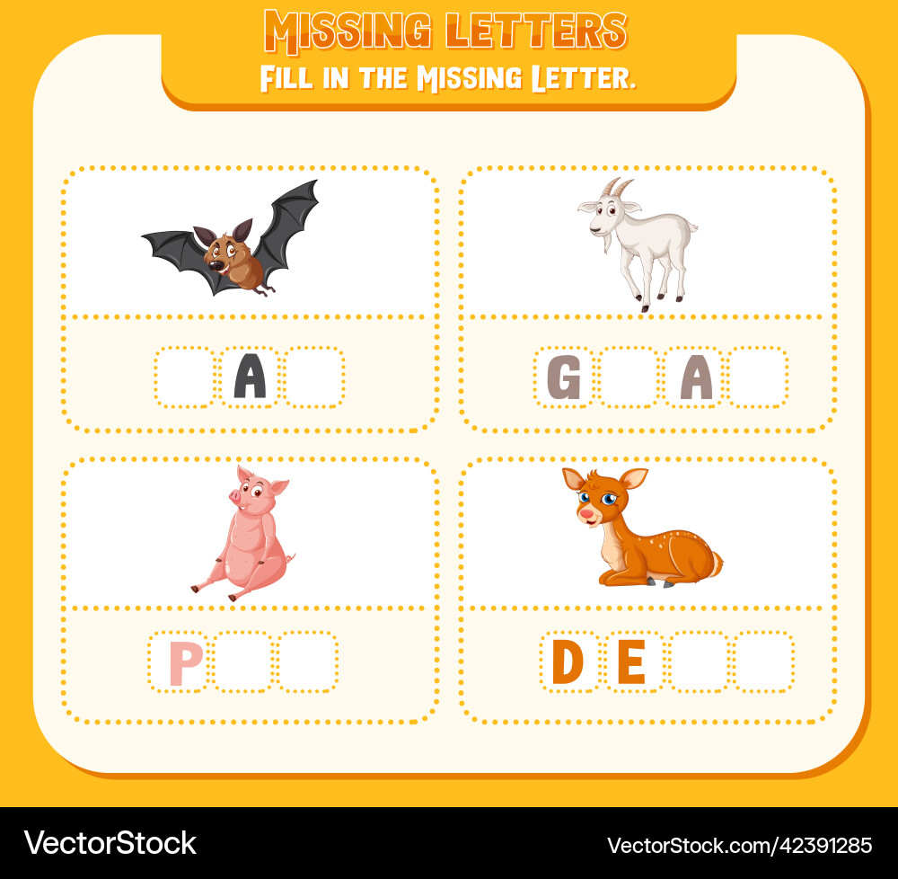 Fill the missing letter of each word worksheet Vector Image