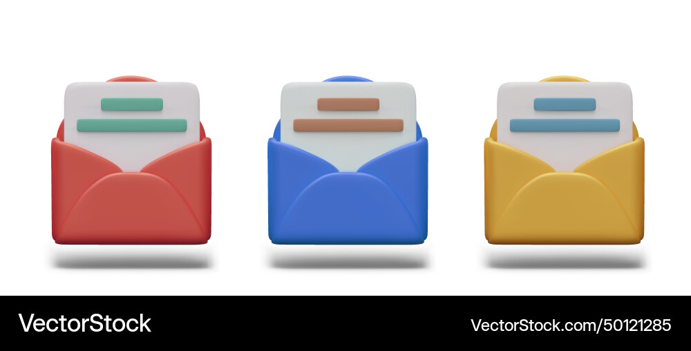 Set of 3d open envelopes with letters different Set of 3d open envelopes with letters different Vector Image