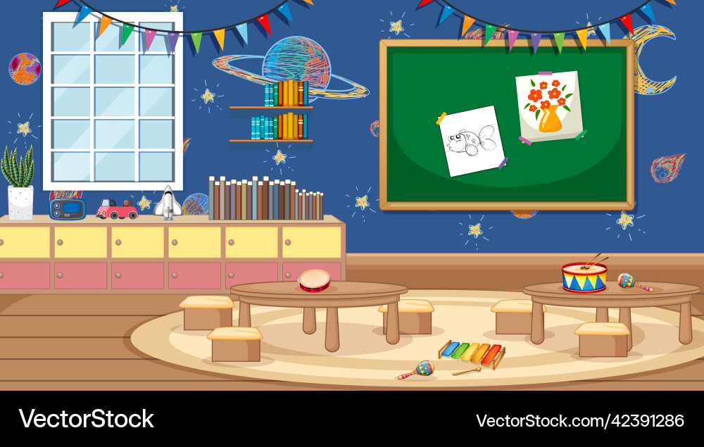 Scene of classroom with tables and board Scene of classroom with tables and board vector image