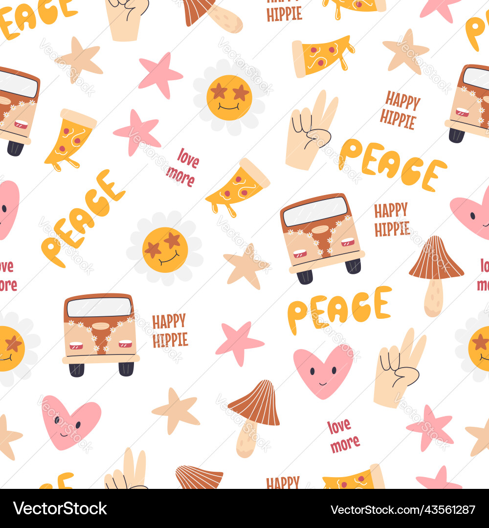 Retro hippie elements seamless pattern isolated Retro hippie elements seamless pattern isolated Vector Image
