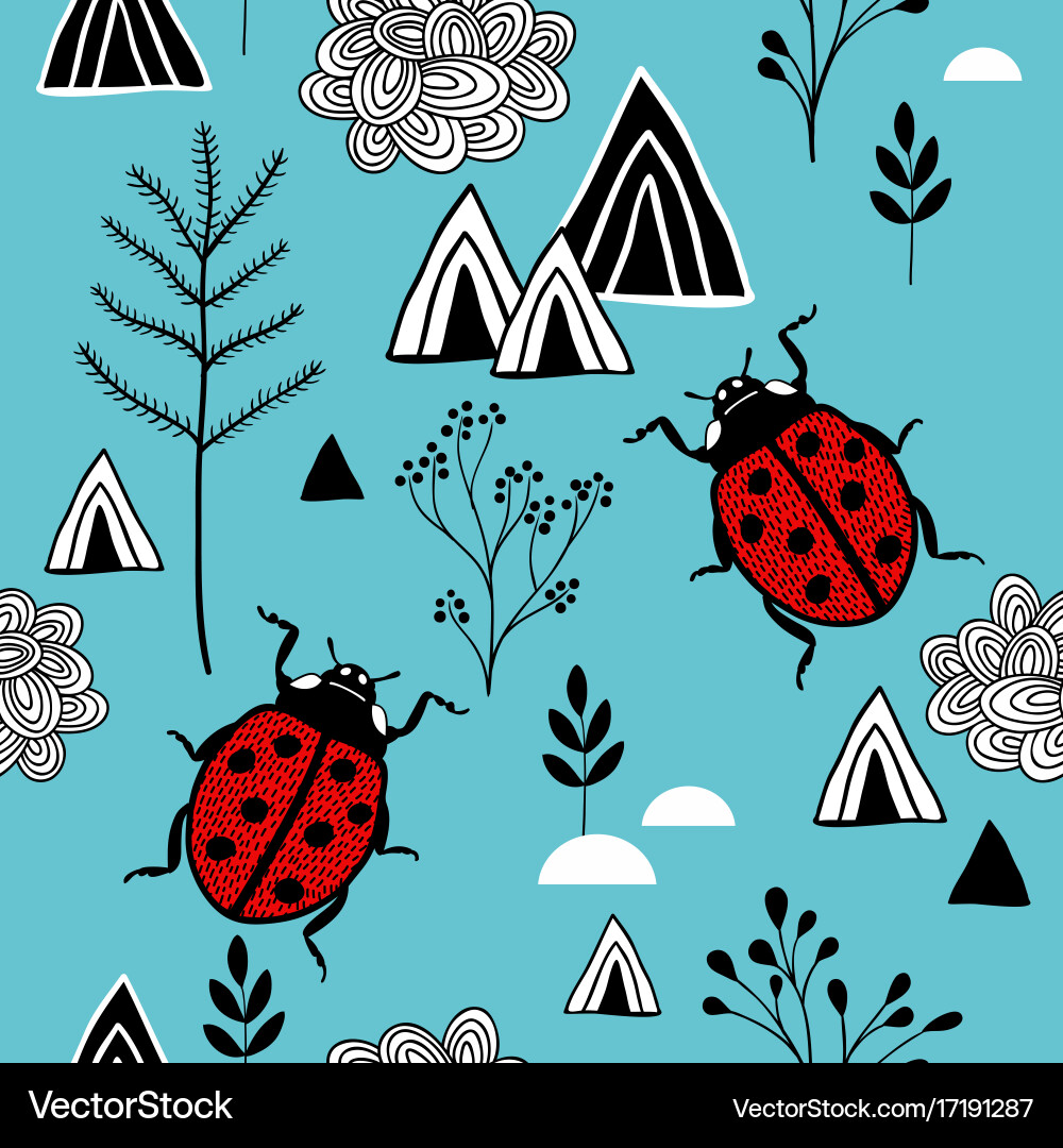Scandinavian pattern with red ladybugs Vector Image
