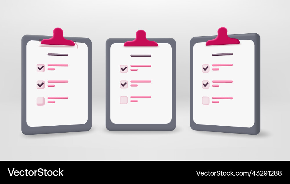 Clipboard with paper survey list 3d set Vector Image