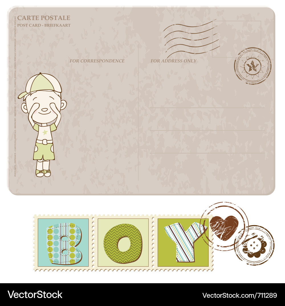 Baby Boy Arrival Postcard with Stamps Vector Image