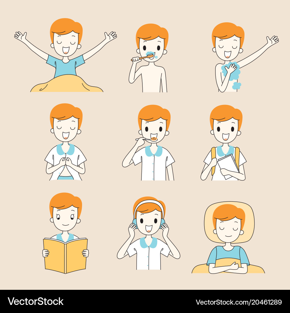 Daily routines of boy outline vector image