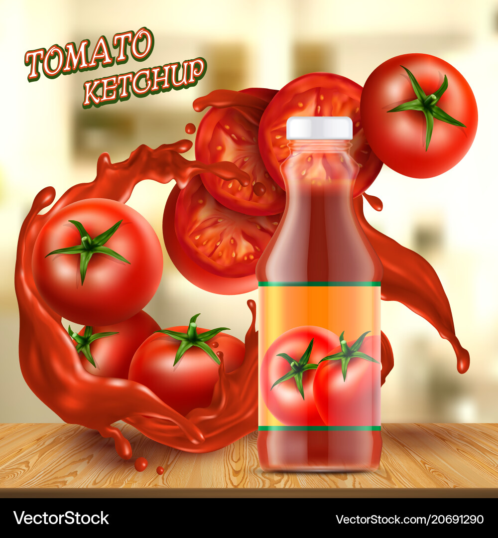 Banner with bottle of ketchup and tomatoes Banner with bottle of ketchup and tomatoes vector image