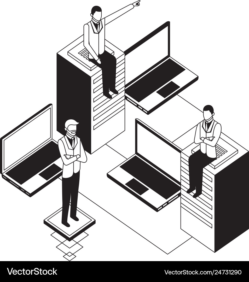 Business men with database server and laptops vector image