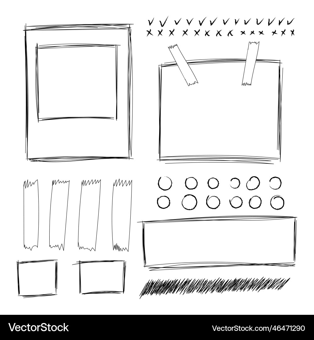 Circles checkmarks and frames pencil marks Circles checkmarks and frames pencil marks Vector Image