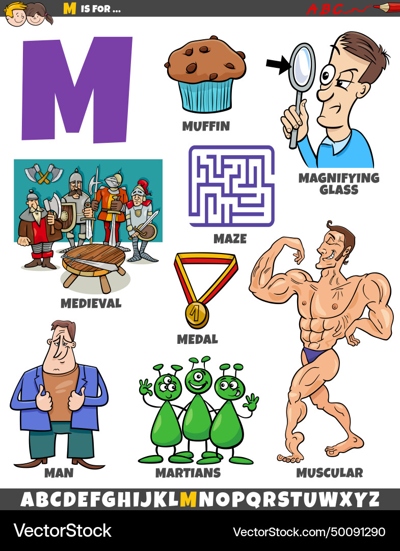 Letter m set with cartoon objects and characters vector image