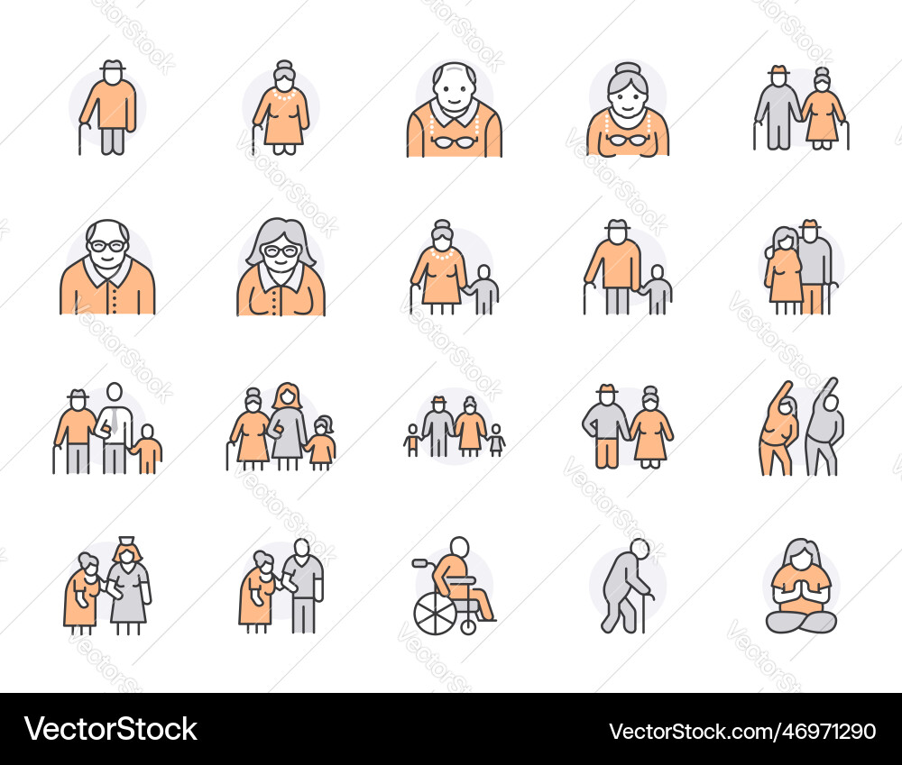Ältere Menschen kümmern flache Linie Icons setzen Senior Ältere Menschen kümmern flache Linie Icons setzen Senior vektorbild