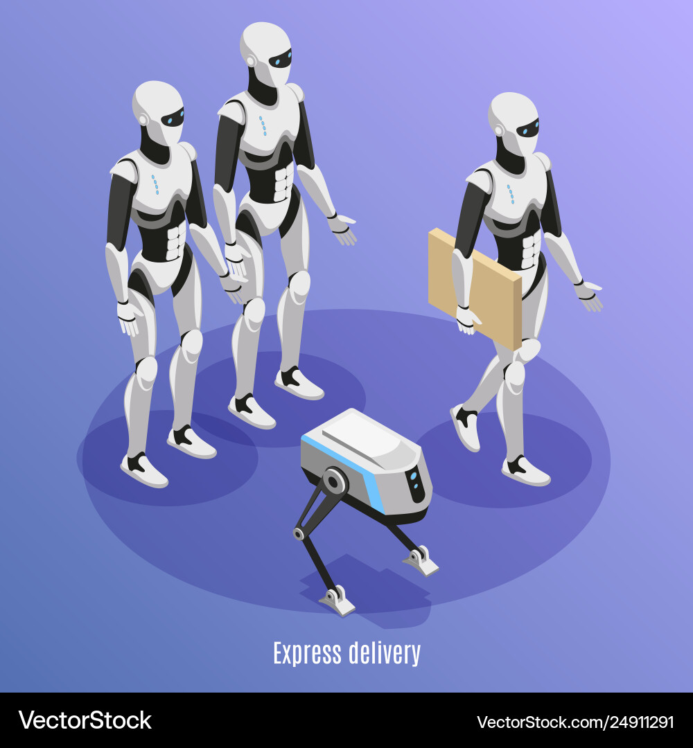 Express Delivery Robots Isometric Background Vector Image