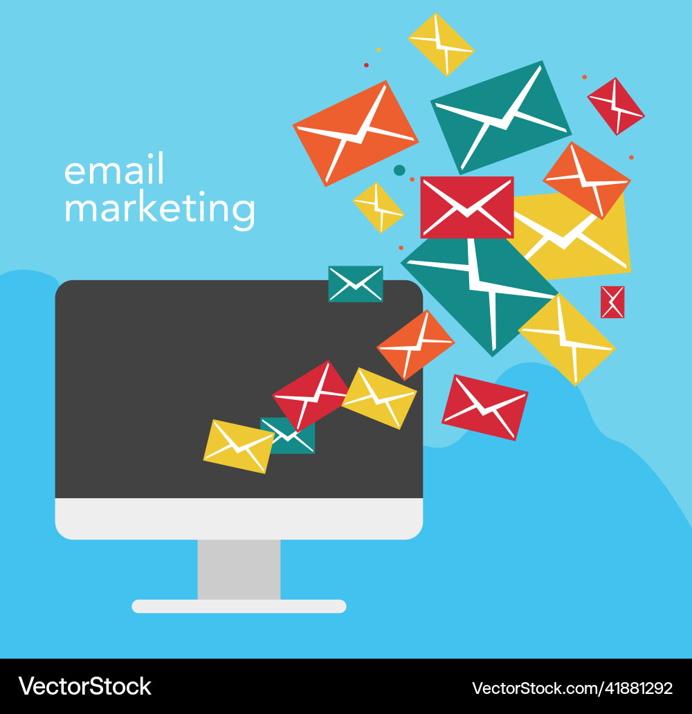 Email marketing concept with a computer and flying Email marketing concept with a computer and flying Vector Image