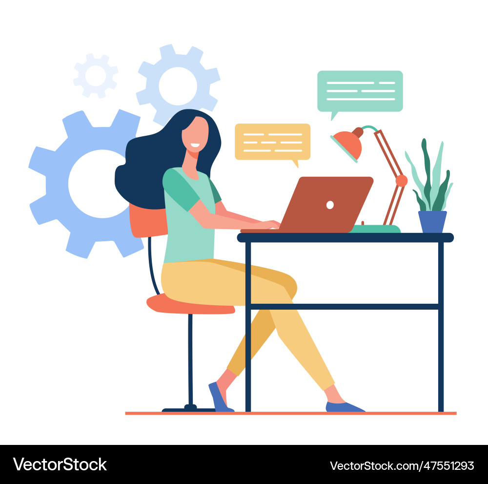 Cheerful employee working at laptop Cheerful employee working at laptop vector image