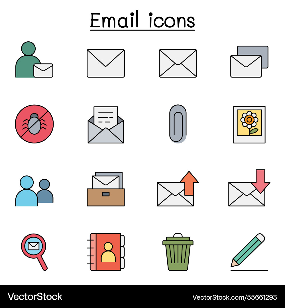 Email icon set in color line style Email icon set in color line style Vector Image