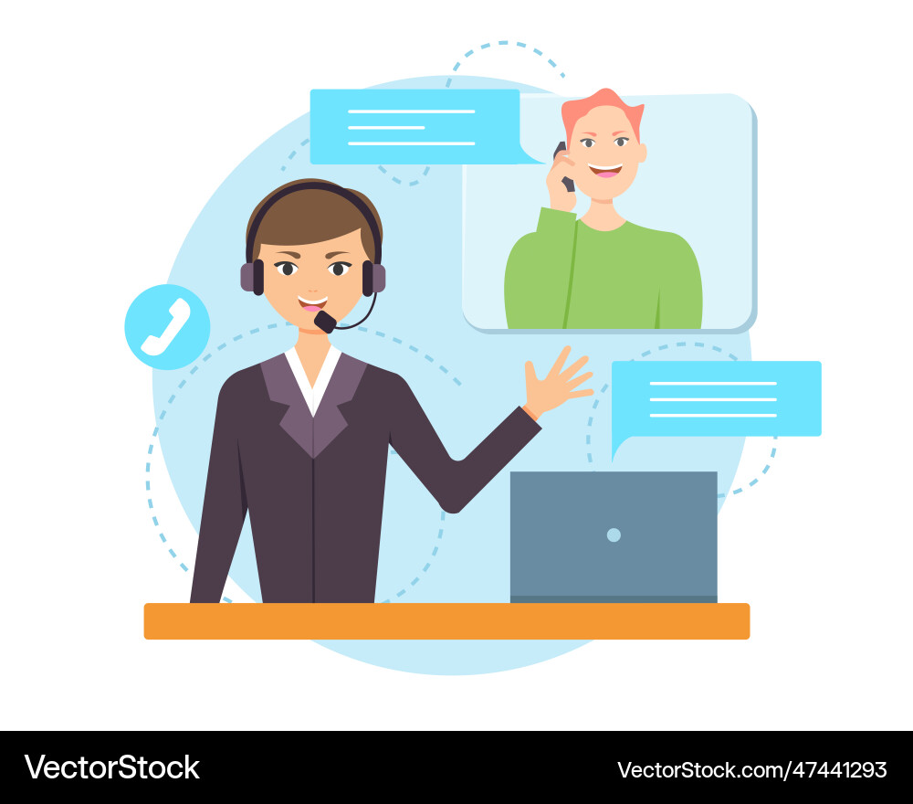 Happy client calling to support line operator Happy client calling to support line operator vector image
